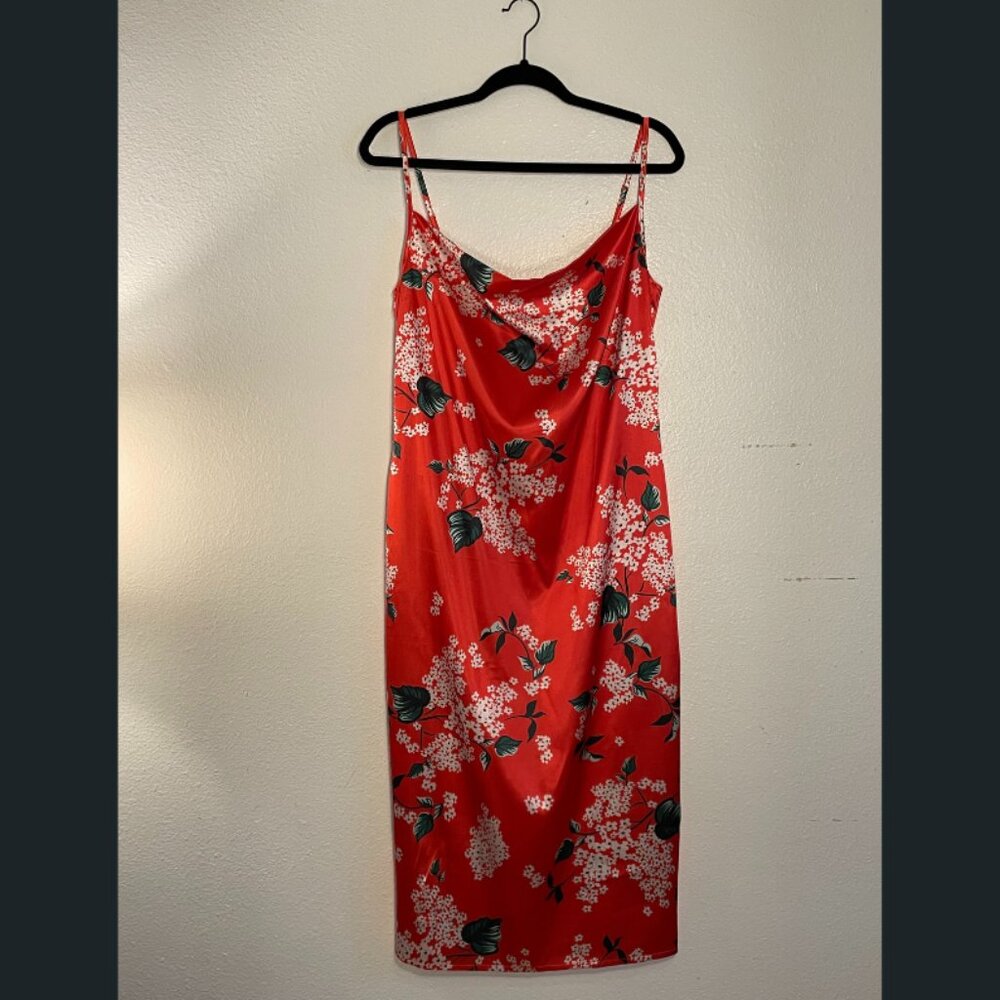 Orange Floral Satin Midi Dress
